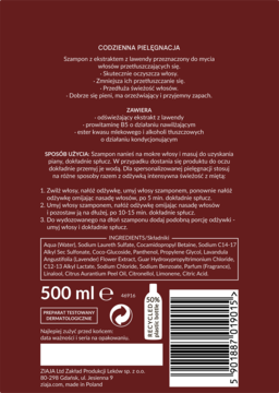 Tył ciemnobrązowego szamponu z lawendą do włosów przetłuszczających, 500ml, widoczne składniki i info o recyklingu.