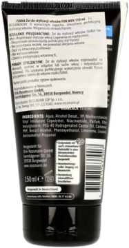 Tył czarnej tubki żelu do stylizacji włosów Isana Men Power 5, 150 ml, z widocznymi etykietami i składnikami.