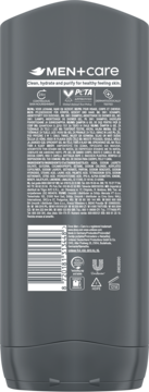 Tył ciemnoszarej butelki żelu Dove MEN+CARE Clean Comfort 400 ml z listą składników i certyfikatem PETA.