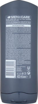 Tył ciemnoszarej butelki Dove MEN+CARE Extra Fresh żelu 400ml z etykietą, kodem kreskowym i składnikami.
