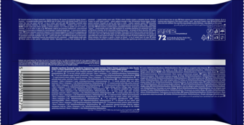 Tył niebieskich ściereczek nawilżanych antystatycznych do powierzchni, z białym tekstem, barcode i liczbą 72.
