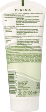 Tył białej tubki kremu do rąk Kamill CLASSIC 100 ml z ekstraktem z rumianku, widoczny barcode i skład.