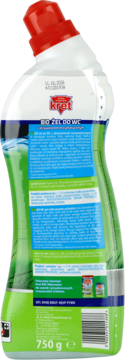 Tył butelki Kret Bio Żel do WC, białej z czerwoną nakrętką i zielonym płynem, widoczna etykieta 750g.