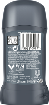 Tył szarego antyperspirantu Dove Men+Care w sztyfcie, widoczna lista składników, kod kreskowy, logo PETA Vegan i 50ml.
