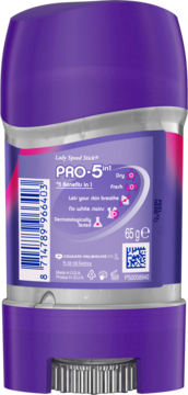 Antyperspirant Lady Speed Stick PRO-5 w fioletowej tubie, widok z przodu, z informacją 5 w 1 i wagą 65g.