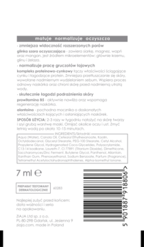 Tył białej saszetki maski oczyszczającej z glinką szarą 7 ml, z tekstem PL, barcode, testowany dermatologicznie.