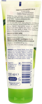 Tył tubki kremu ISANA OLIVE 100ml do rąk, zielono-biała, z opisem składników, barcode i informacją 'dla skóry suchej'.