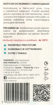 Białe opakowanie nożyczek do paznokci Zenner, tył z opisem, kodem kreskowym i certyfikatami ISO.