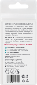 Tył białego opakowania nożyczek do paznokci z mikroząbkami, z opisem, certyfikatami ISO i kodem kreskowym.