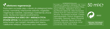 Tył zielonego opakowania kremu 'Oliwkowa regeneracja'. Biały tekst, lista składników, 50 ml i symbol recyklingu.