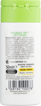 Tył Alterra żelu pod prysznic Limonka Bio 50ml, biała butelka z zieloną zakrętką, widoczny skład, kod i info o recyklingu.