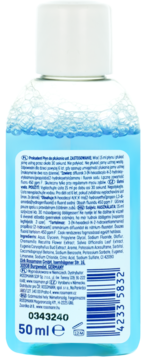 Tył niebieskiej butelki płynu do płukania ust Prokudent 50 ml, etykieta ze składnikami i kodem kreskowym.