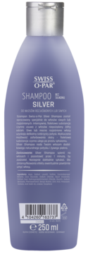 Tył fioletowej butelki Swiss O-Par Silver Shampoo 250 ml dla siwych włosów, z opisem i kodem kreskowym.
