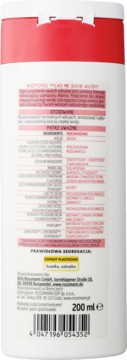 Alterra nawilżający szampon do włosów, tył białej butelki z listą składników, bio aloes i granat, 200ml.