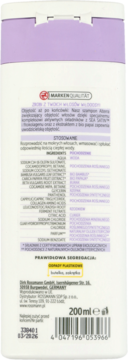 Tył białej butelki szamponu Alterra zwiększającego objętość 200 ml, z listą składników i kodem.
