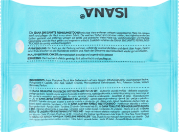 Tył niebieskiej saszetki Isana z chusteczkami do demakijażu, widoczne składniki i opis produktu, tekst do góry nogami.