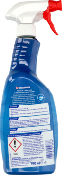 Tył niebieskiej butelki domol Power, spray do usuwania kamienia, z białym atomizerem i czerwoną rączką, 750 ml.