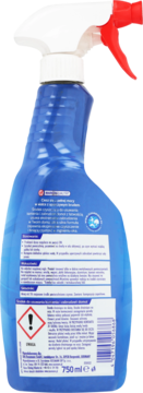 Tył niebieskiej butelki Domol Power 750ml do usuwania kamienia i brudu, z biało-czerwonym spryskiwaczem i etykietą ostrzegawczą.