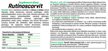 Ulotka suplementu Rutinoscorvit, białe tło, zielono-czarny tekst o witaminie C, cynku i selenie wspierającym odporność.