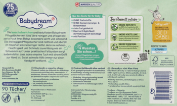 Tył opakowania chusteczek Babydream Aloe Vera 90 sztuk, z opisem właściwości, składu i certyfikatów.