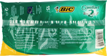 Tył zielonego opakowania BIC Comfort 2, 15 jednorazowych golarek dla mężczyzn z podwójnym ostrzem.