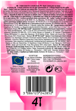 Tył różowego opakowania maszynek BIC Miss Soleil, z kodem kreskowym i opisem produktu w wielu językach.