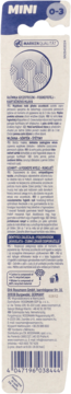 Biało-niebieski tył opakowania szczoteczki Prokudent MINI 0-3, z opisem miękkiego włosia i rączki.