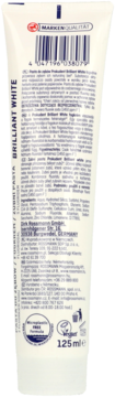 Tył białej tubki pasty Prokudent Brilliant White 125ml, widoczne info o składzie i producencie.