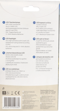 Tył kartonowego opakowania latarki LED, z opisem 1W, wodoodporności IPX3 i zasilania AAA.