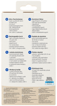 Tył białego opakowania latarki LED, z wielojęzycznym opisem cech: 2W LED, wodoodporna, z pętelką.