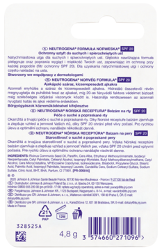 Tył białego kartonowego opakowania balsamu do ust Neutrogena Formula Norweska SPF 20 z tekstem i kodem.