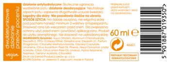 Tył etykiety Ziaja Activ antyperspirant w kremie 60ml, dwukierunkowe działanie. Skład, kod kreskowy, pomarańczowe tło.