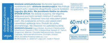 Tył opakowania Ziaja Sensitiv antyperspirantu w kremie 60ml, z opisem dwukierunkowego działania i składem.