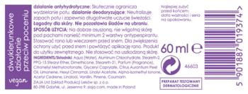 Tył opakowania antyperspirantu Ziaja Soft 60ml. Etykieta z opisem, składnikami i fioletowym kodem kreskowym.