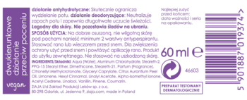 Tył opakowania Ziaja Soft antyperspirant w kremie 60ml. Fioletowo-biała etykieta z opisem i kodem kreskowym.