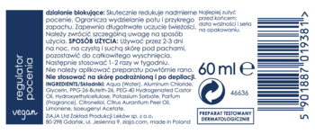 Tył opakowania regulatora pocenia Vegea 60 ml z ciemnoniebieską etykietą, tekstem, składem i kodem kreskowym.