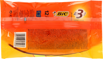 Tylna strona pomarańczowo-żółtego opakowania z męskimi golarkami BIC 3 Sensitive, z widocznymi napisami i kodem kreskowym.