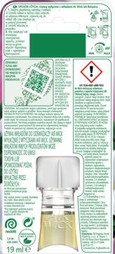 Tył opakowania wkładu Air Wick do odświeżacza powietrza, z kodem QR, ostrzeżeniami i widocznym płynem 19ml.