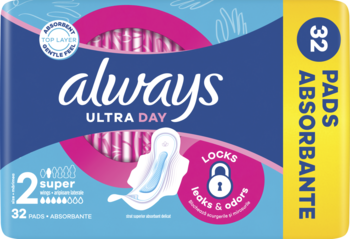 Niebiesko-różowe opakowanie Always Ultra Day Super (rozmiar 2), 32 podpaski z potrójną ochroną, przód.