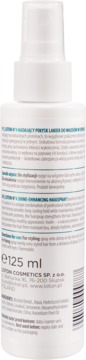 Biała butelka sprayu do włosów Loton, widok z tyłu z opisem "Shine Enhancing Hair Spray" i objętością 125 ml.