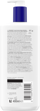 Tył białego balsamu Neutrogena Formuła Norweska 400ml, z niebieską pompką i etykietą ze składem.