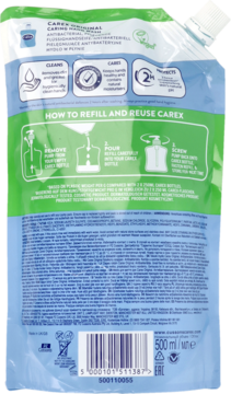 Carex antybakteryjne mydło w płynie 500ml, tył jasnoniebieskiego opakowania uzupełniającego z instrukcją.