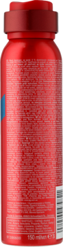 Czerwony dezodorant w aerozolu 150 ml, widok z tyłu z widoczną listą składników i kodem kreskowym.
