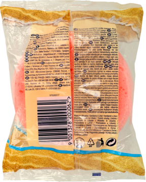 Tył opakowania okrągłej, różowo-pomarańczowej gąbki do masażu 2w1 z kodem kreskowym i etykietą produktu.