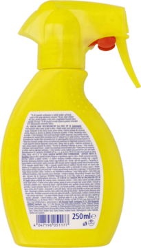 Tył żółtego sprayu do opalania SPF 50 dla dzieci, wodoodpornego, z widoczną etykietą informacyjną.
