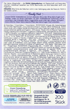 Tył fioletowego opakowania patyczków higienicznych Isana 200 szt., z logo Beauty Hank i wielojęzycznym opisem.