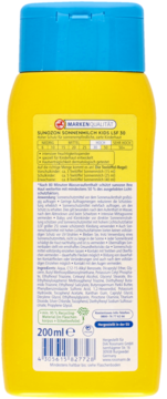 Tył żółtej butelki Sunzon Kids SPF 30 mleczka do opalania (200ml) z niebieską nakrętką, info o ochronie UV.