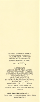 Tył opakowania perfum dla kobiet z pełnym składem INCI i informacjami o producencie "Give Back Beauty S.R.L."