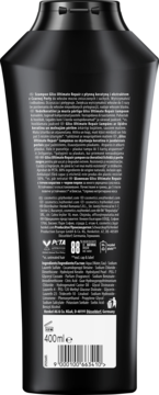 Gliss Ultimate Repair szampon z keratyną i czarną perłą, czarna butelka 400ml, tył opakowania z etykietą.