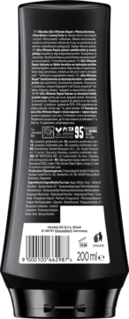 Tył czarnej butelki odżywki Schwarzkopf GLISS Ultimate Repair, z białym tekstem, certyfikatami i kodem kreskowym.